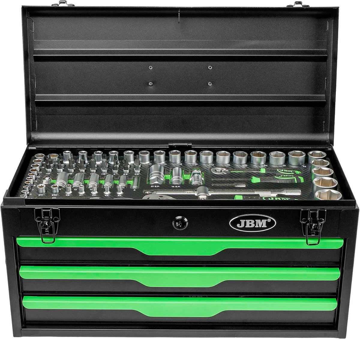 JBM Ensembles d'outils, Noir/Vert, 54261 REFIAL BOÎTE EN MÉTAL AVEC OUTILS 143 PIÈCES SATINÉES