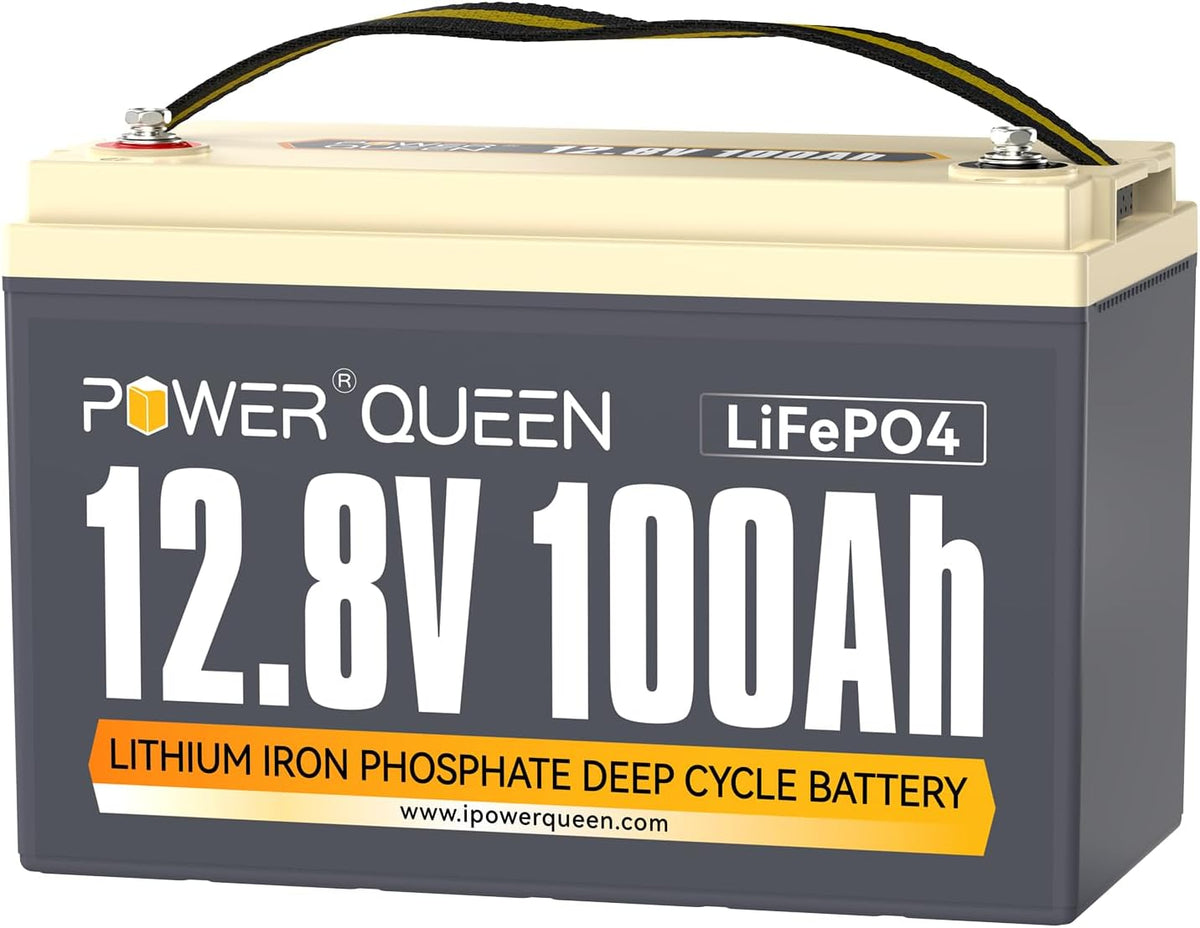 power queen batterie, 12 V, 100 Ah, Gris/Beige, LiFePO4 Rechargeable avec BMS 100A, 4000+ Cycles, Camping Car
