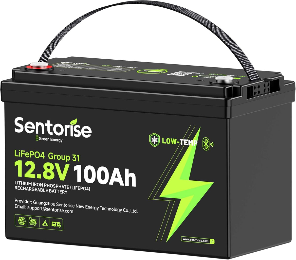 SENTORISE Batteries de voiture, 12 V, 100 Ah, 1280 Wh, Noir/Gris, LiFePO4 Batterie, nutzbare Energie mit 100A BMS