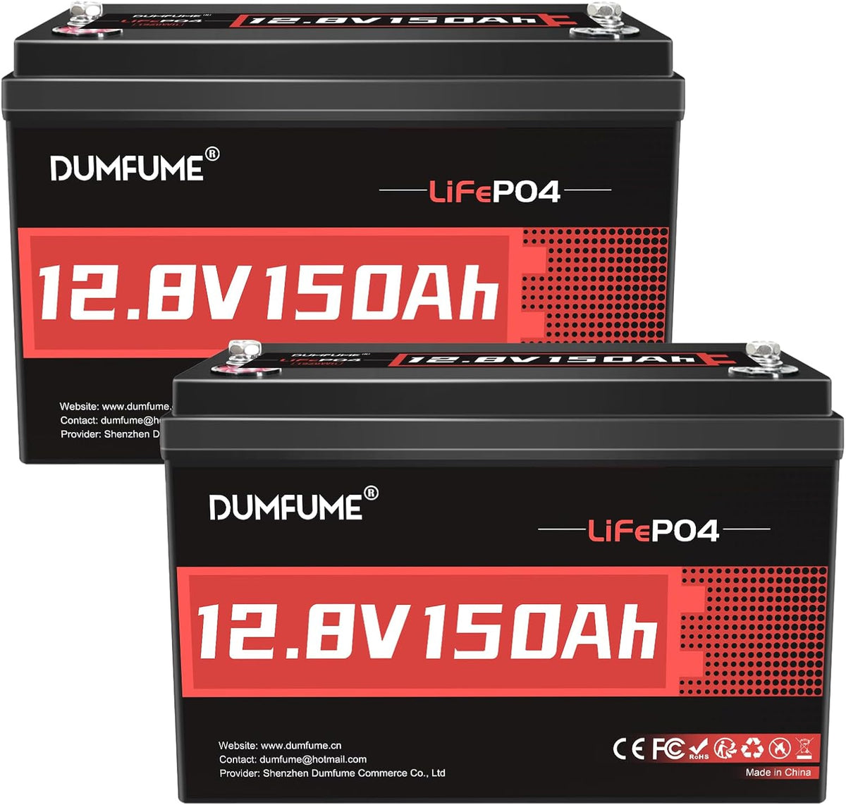 dumfume batterie, 12 V, 150 Ah, Noir/Rouge, Lot de 2 Lithium LiFePO4 avec BMS 100A