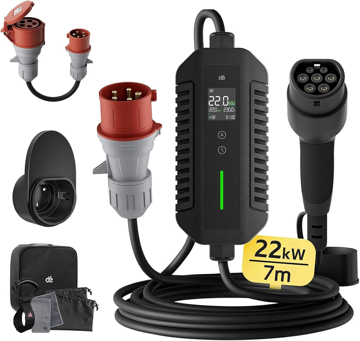 dé Stations de charge, 22 kW, 7 m, Noir/Gris, Chargeur Voiture Electrique [, Triphasé, 6A-32A] Type 2 Prise CEE