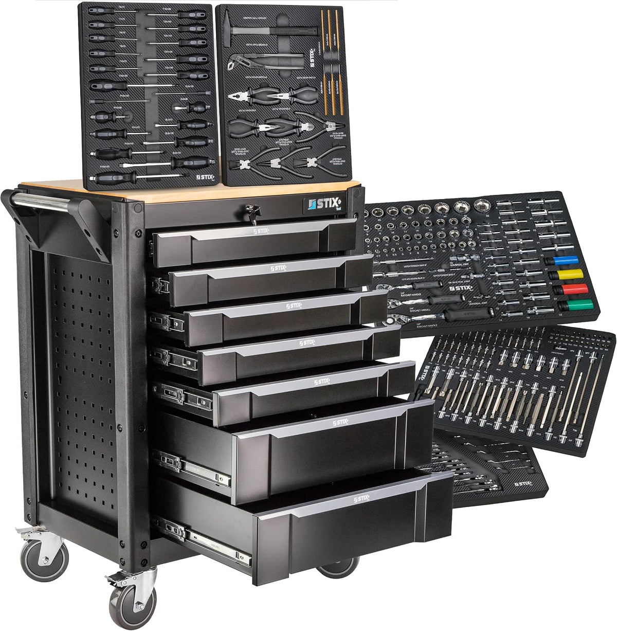 Stix armoire, Noir/Gris, Servante Atelier UltimatePro C7/TS1, Chariot à Outils avec 267 Pièces CR-V, 7 Tiroirs