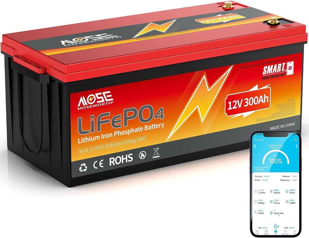 MOSEWORTH Entretien de la maison et nettoyage, 12 V, 300 Ah, Rouge/Noir, Batterie au lithium LiFePO4 avec Bluetooth - BMS intégré