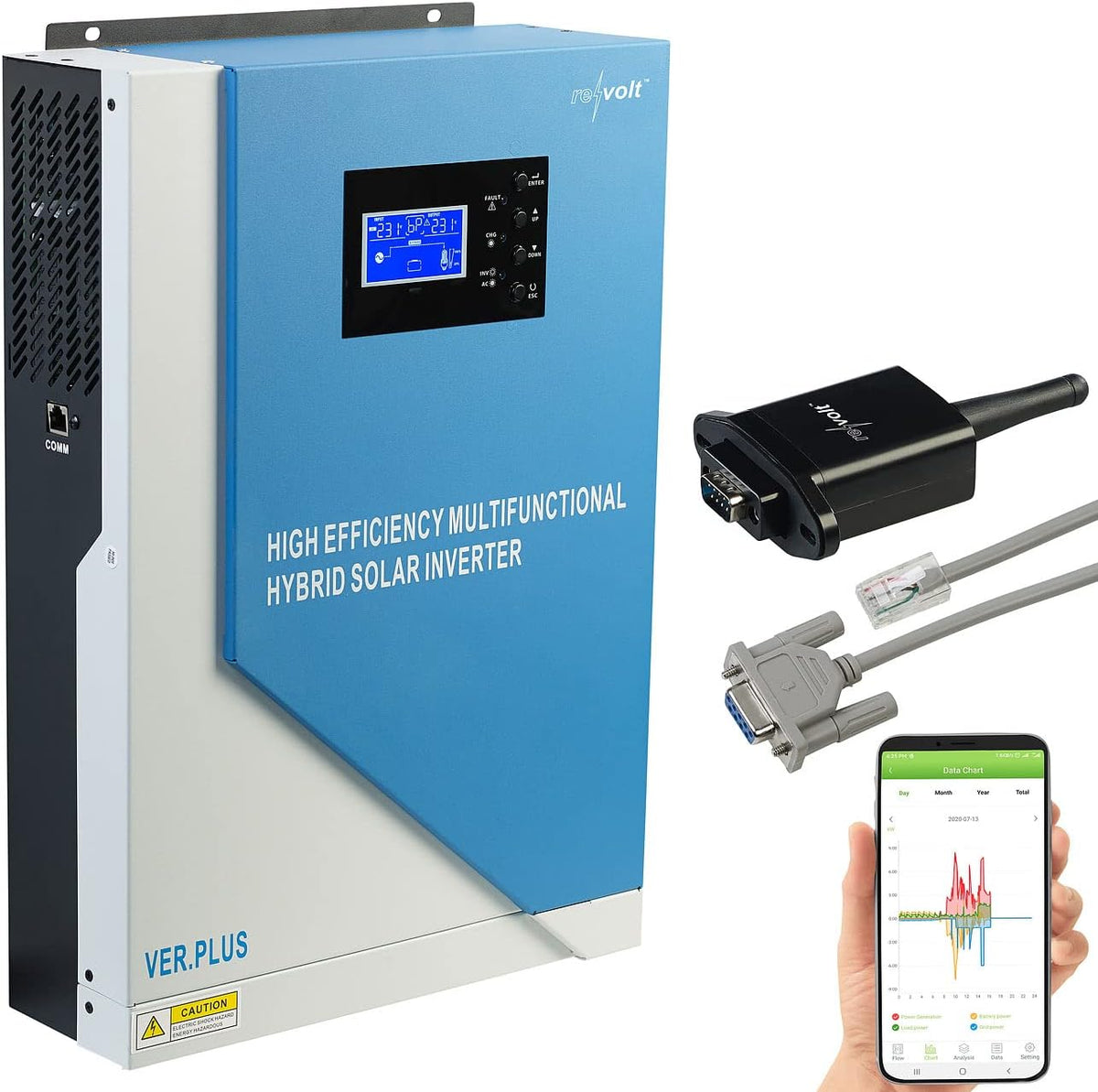 revolt onduleur, 44 x 30 x 10 cm, poids : 9,7 kg, 5500 W, Bleu/Gris, hybride solaire SHI-5500 avec régulateur MPPT et module wifi [ ]