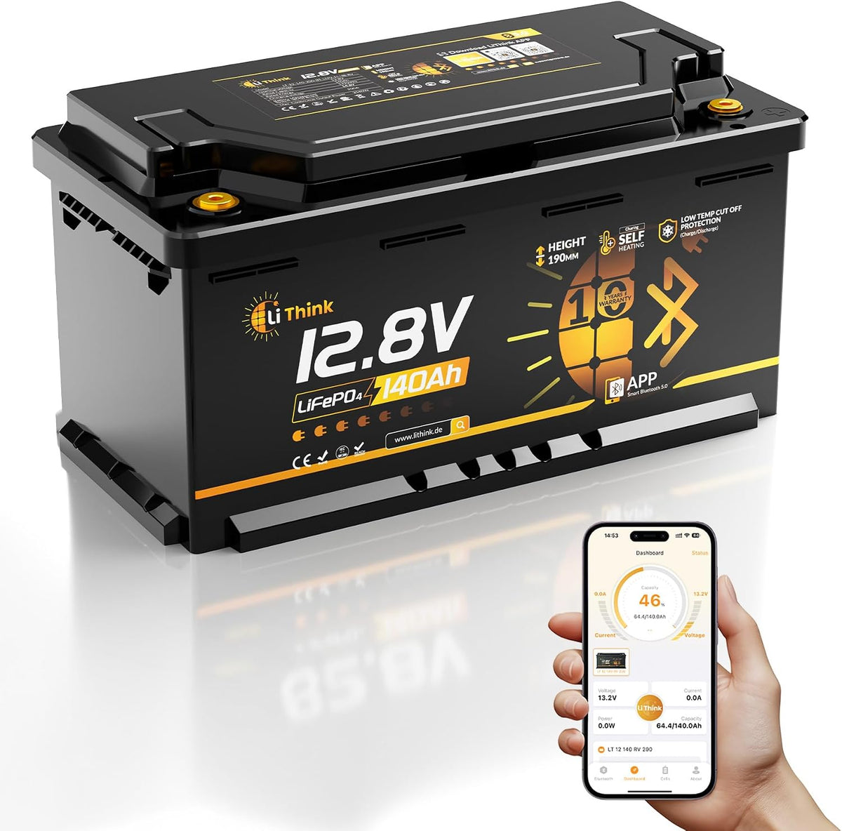 Li Think batterie, 12 V, 140 Ah, 1792 Wh, Noir/Gris, Lithium Bluetooth, Lifepo4 H190, DIN H8 L5, BMS 200 A