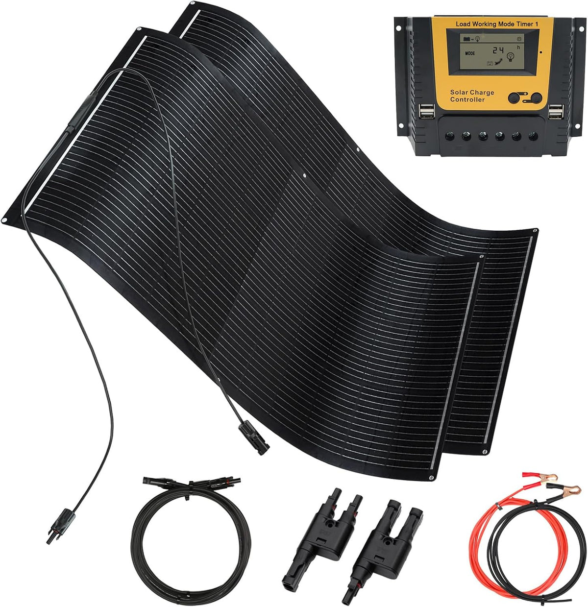 XINPUGUANG panneau solaire, 300 W, 150 W, 12 V, 24 V, Noir, Kit Souple, 2 Panneaux + Régulateur de Charge 30A / + Câbles Solaires