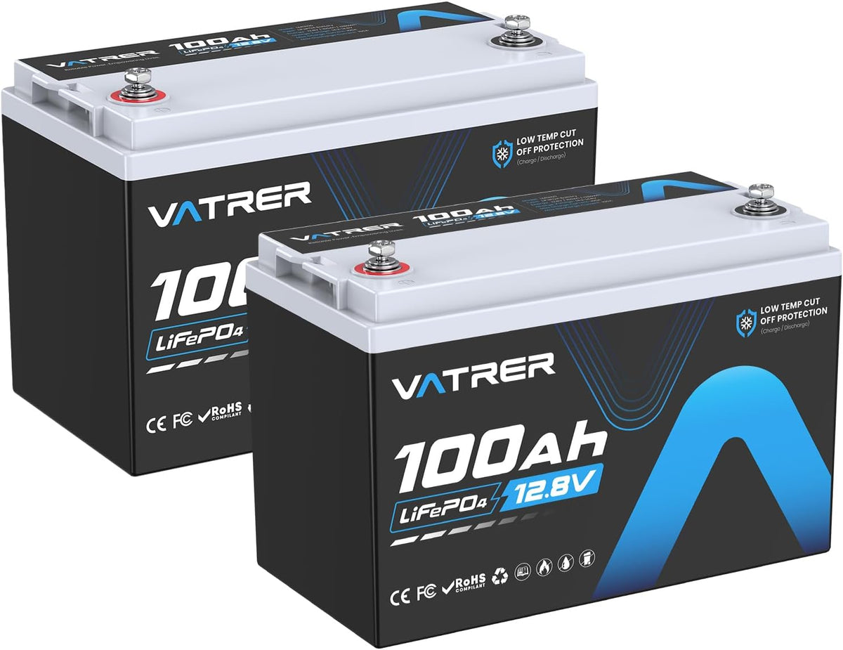 VATRER POWER batterie, 12 V, 100 Ah, Noir/Blanc, Lot de 2 s LiFePO4 BMS 100A