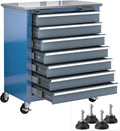 armoire LARBANKE, Bleu/Gris, à Outils à 7 tiroirs avec Roues à 360° et Pieds rembourrés, servante d'atelier avec Plan de Travail en Acier Inoxydable