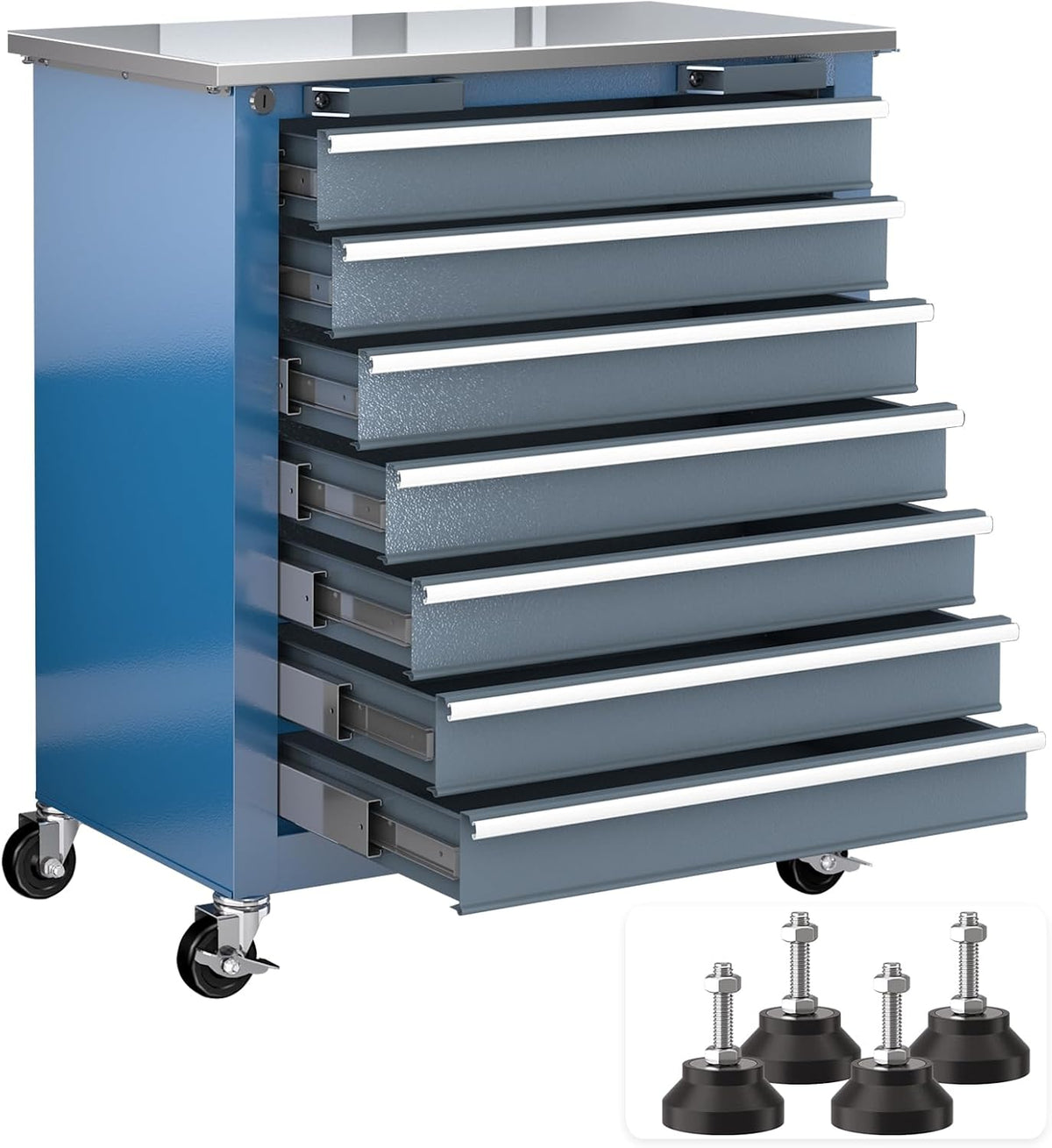 armoire LARBANKE, Bleu/Gris, à Outils à 7 tiroirs avec Roues à 360° et Pieds rembourrés, servante d'atelier avec Plan de Travail en Acier Inoxydable