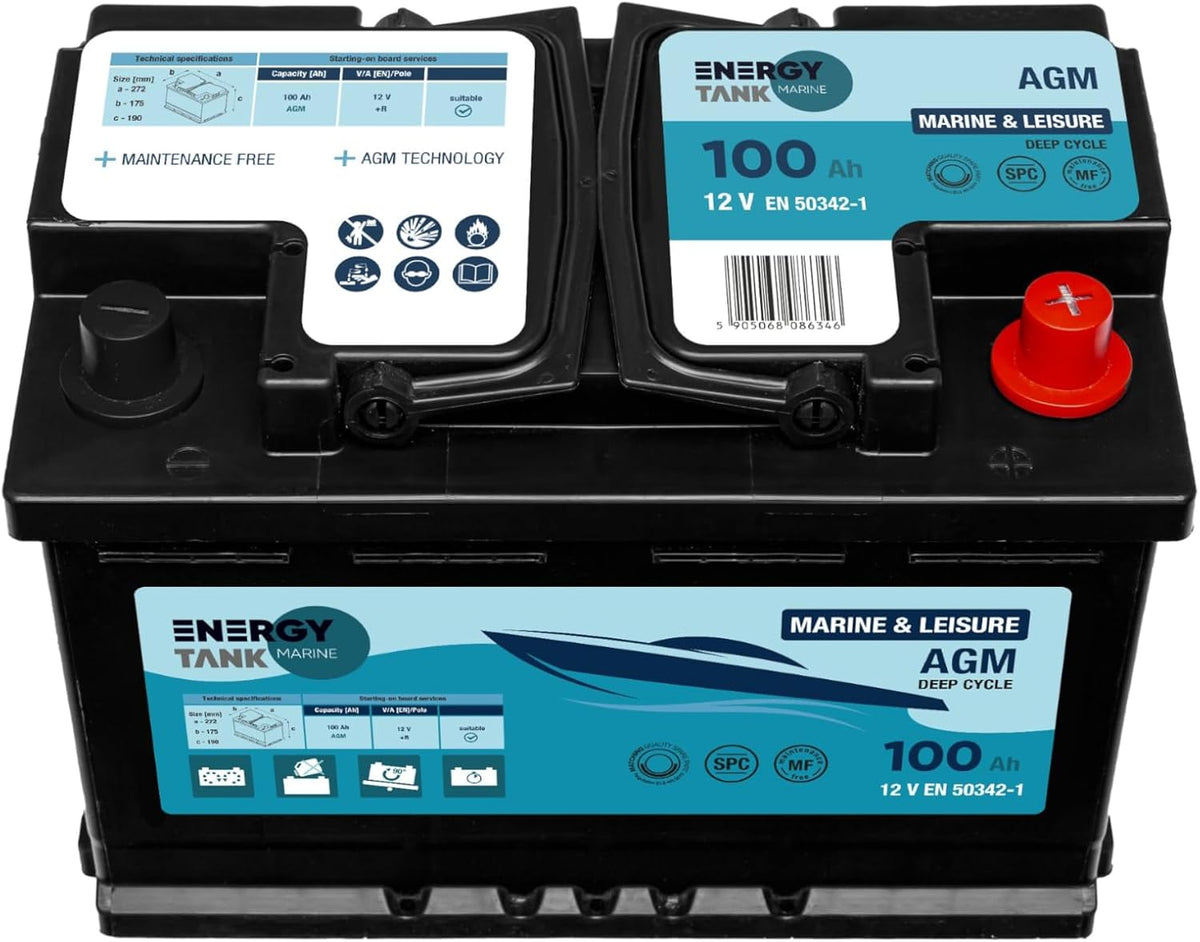 EnergyTank batterie, 12 V, 100 Ah, Noir/Bleu, Solaire AGM pour Camping-Car, Bateau et Van Aménagé