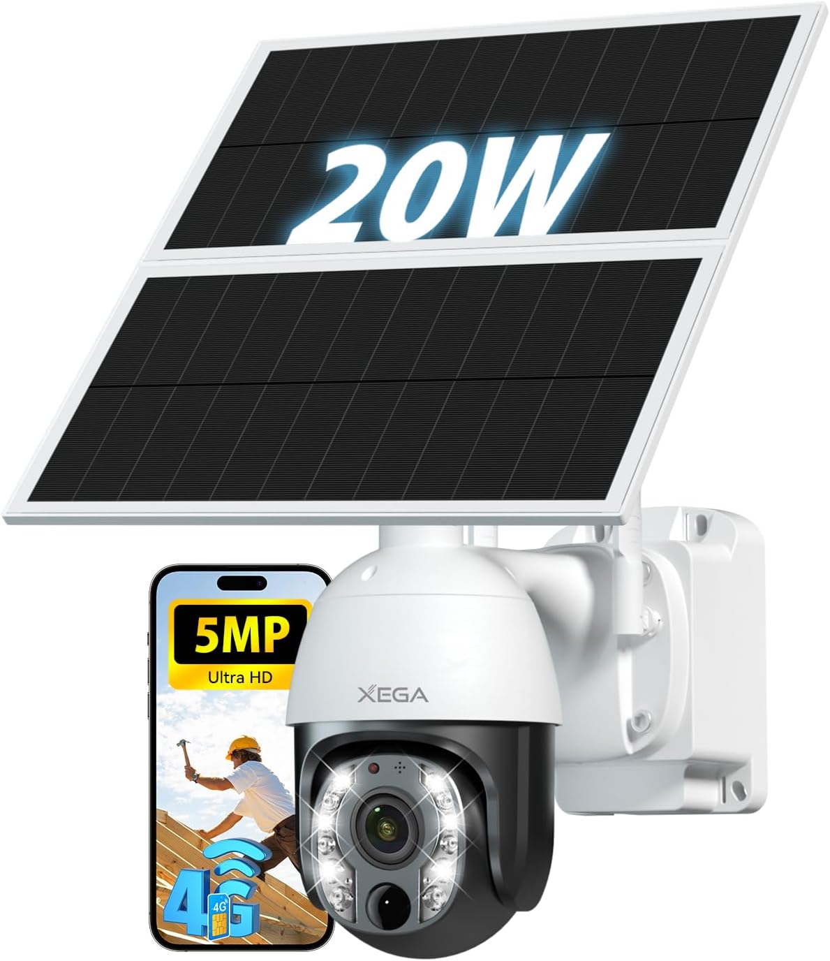Xega Caméras statiques, 4G, Noir/Blanc, 5MP【10X Zoom Optique】 Caméra Surveillance avec Carte SIM sans Fil