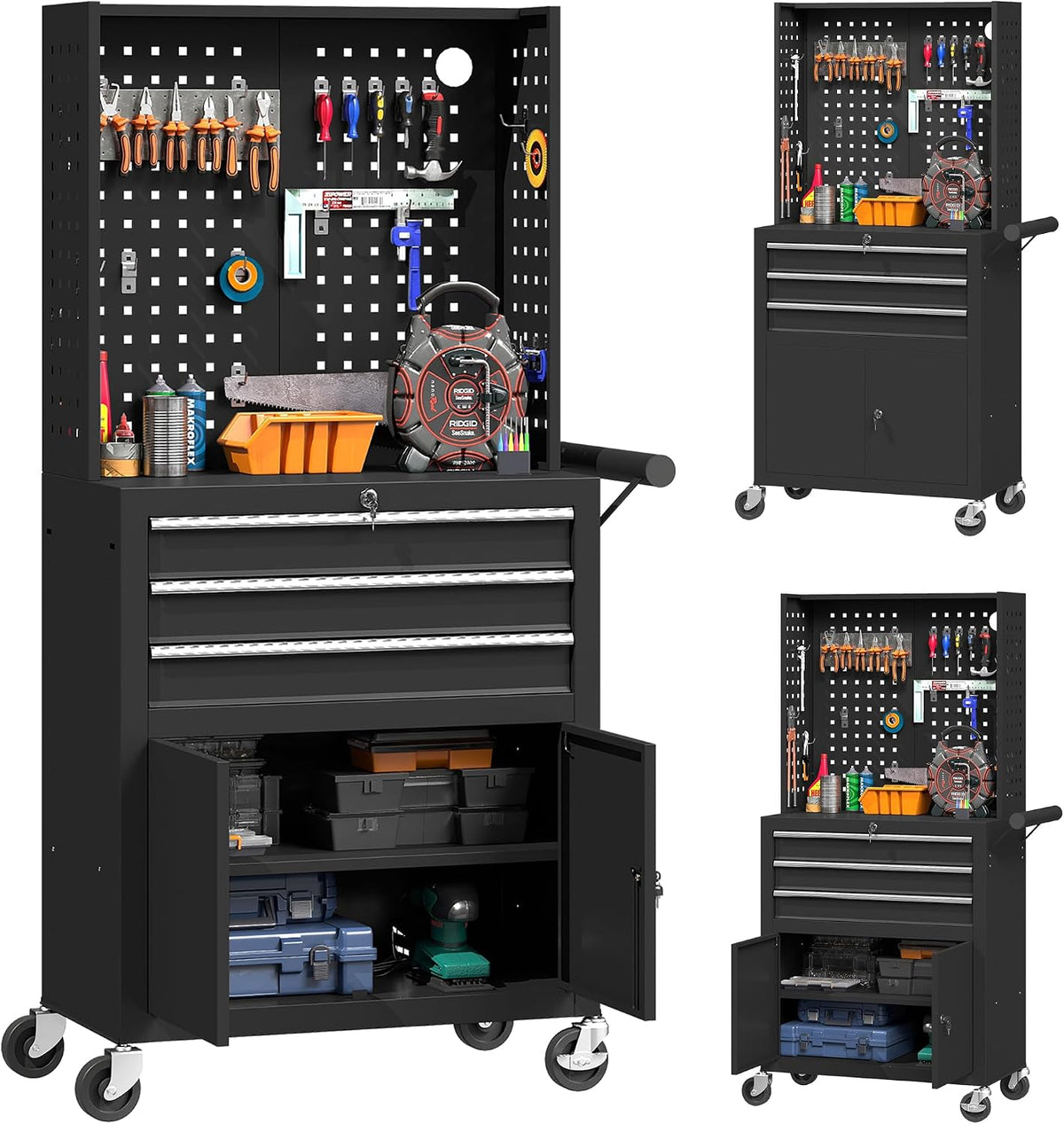 armoire HOMCOM, Noir, Servante d'Atelier en Acier à 3 Tiroirs Étagère Réglable