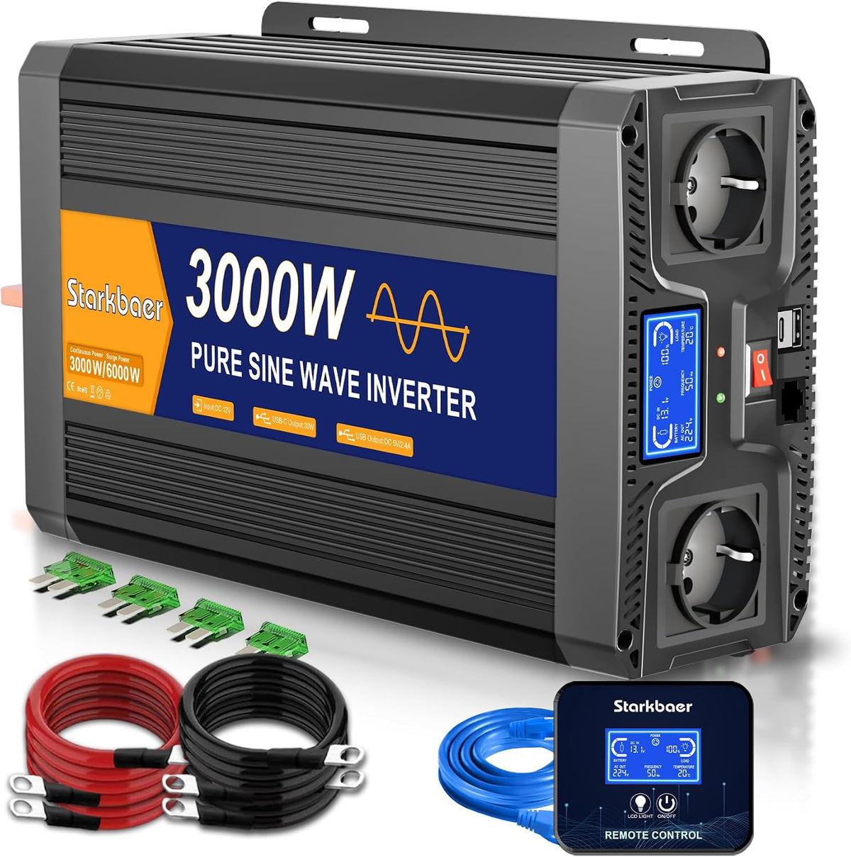 Starkbaer onduleur, 12 V, 230 V, 3000 W, 6000w, Noir/Gris, Onde Sinusoïdale Pure Convertisseur / Voiture