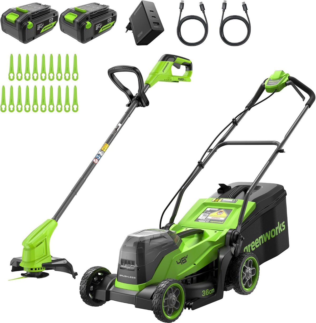Greenworks tondeuse à gazon, 48 V, 24 V, 36 cm, 400 m, 4 Ah, Vert/Gris, Largeur de Coupe, 1 Batterie et Chargeur