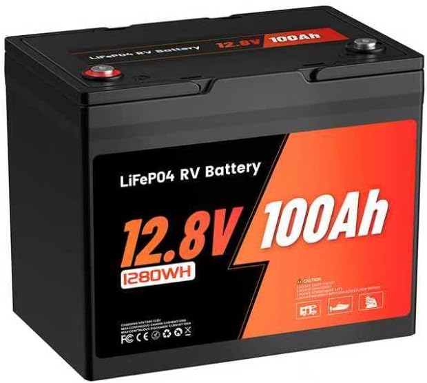 RVLithTime batterie, 12 V, 100 Ah, 9.5Kg, Noir/Rouge, Lithium Group 24 Grade A, 98% d'Efficacité, 16000 Cycles