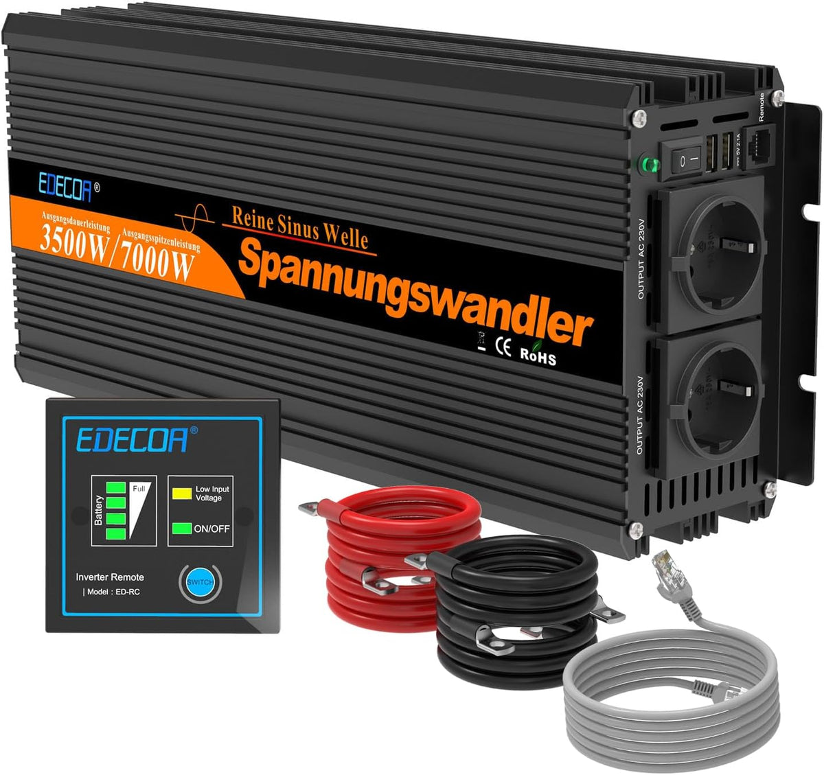 EDECOA onduleur, 3500w, 12v, 220v, 230v, Noir/Gris