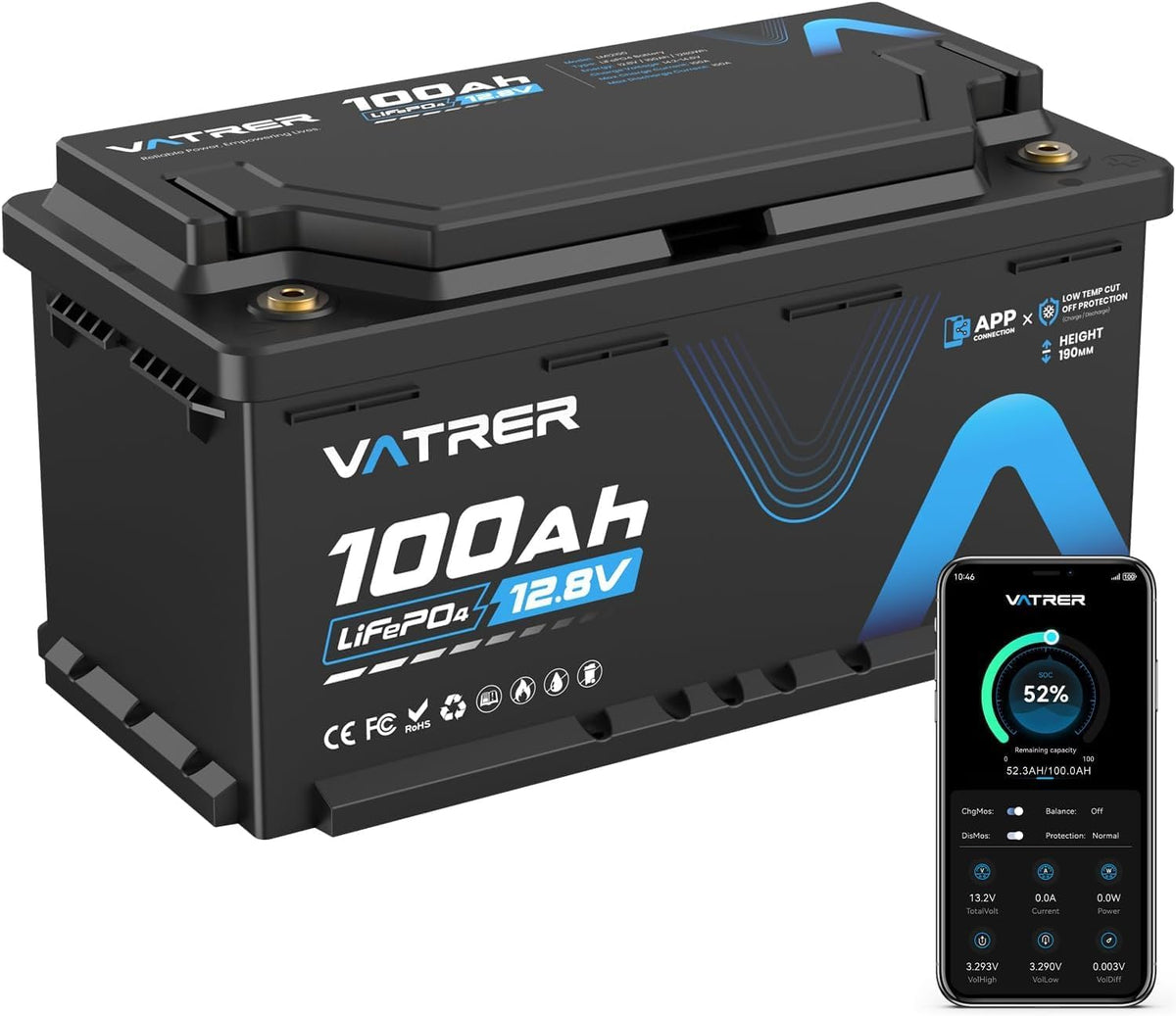 VATRER POWER batterie, 12 V, 100 Ah, Noir/Bleu, LiFePO4 DIN H8 L5 Bluetooth BMS 100A