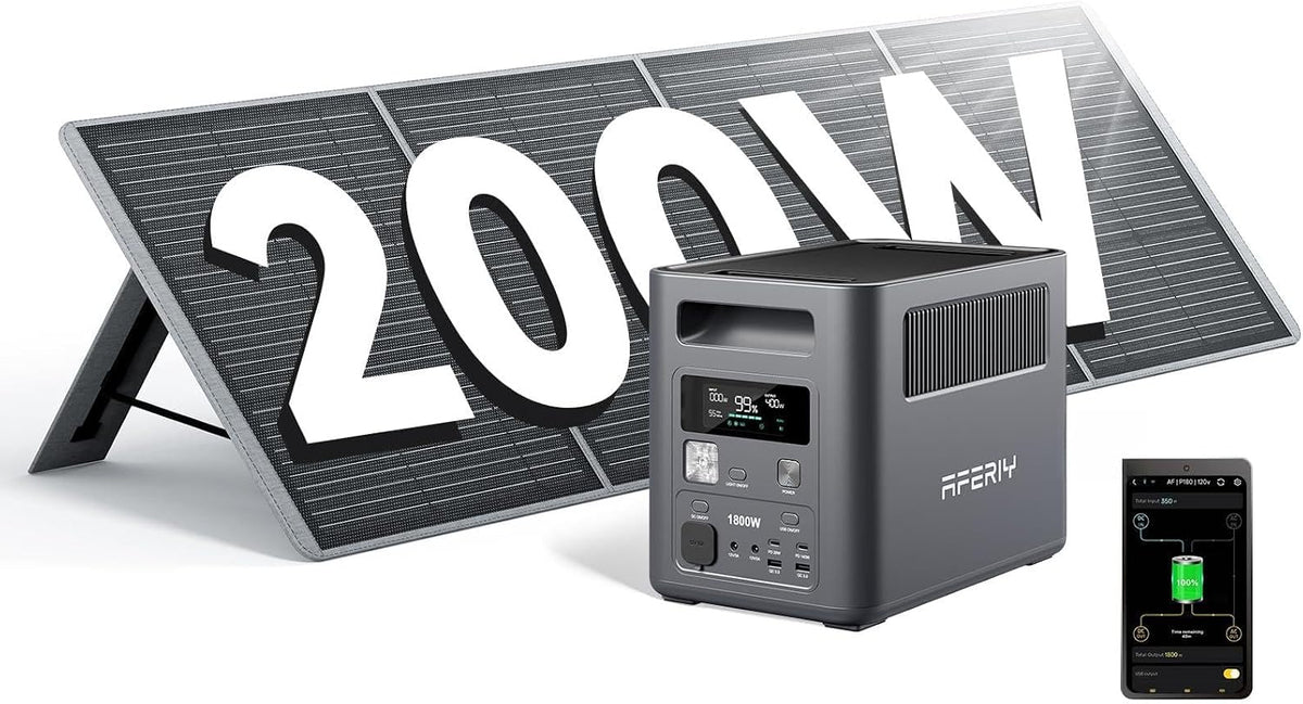 AFERIY groupe électrogène, 1800 W, 200 W, Gris/Noir, Generateur Electrique Portable avec Panneau Solaire Pliable
