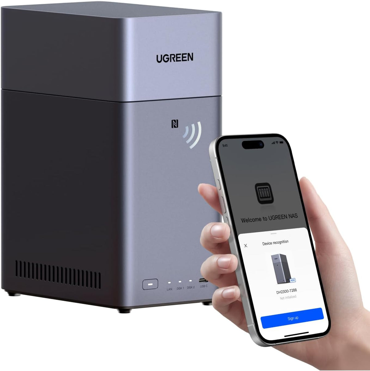 UGREEN bureau, Noir/Bleu, NASync DH2300 NAS de à 2 baies, 4 Go de RAM, album photo AI, accès à distance, système NAS convivial pour les débutants