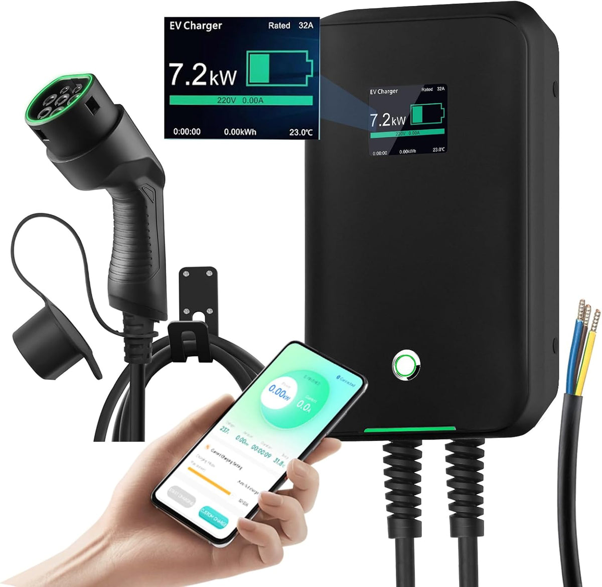 astoneves Stations de charge, 7KW, 6 m, Noir/Gris, Borne de Recharge véhicule électrique Wallbox avec app et câble TPU