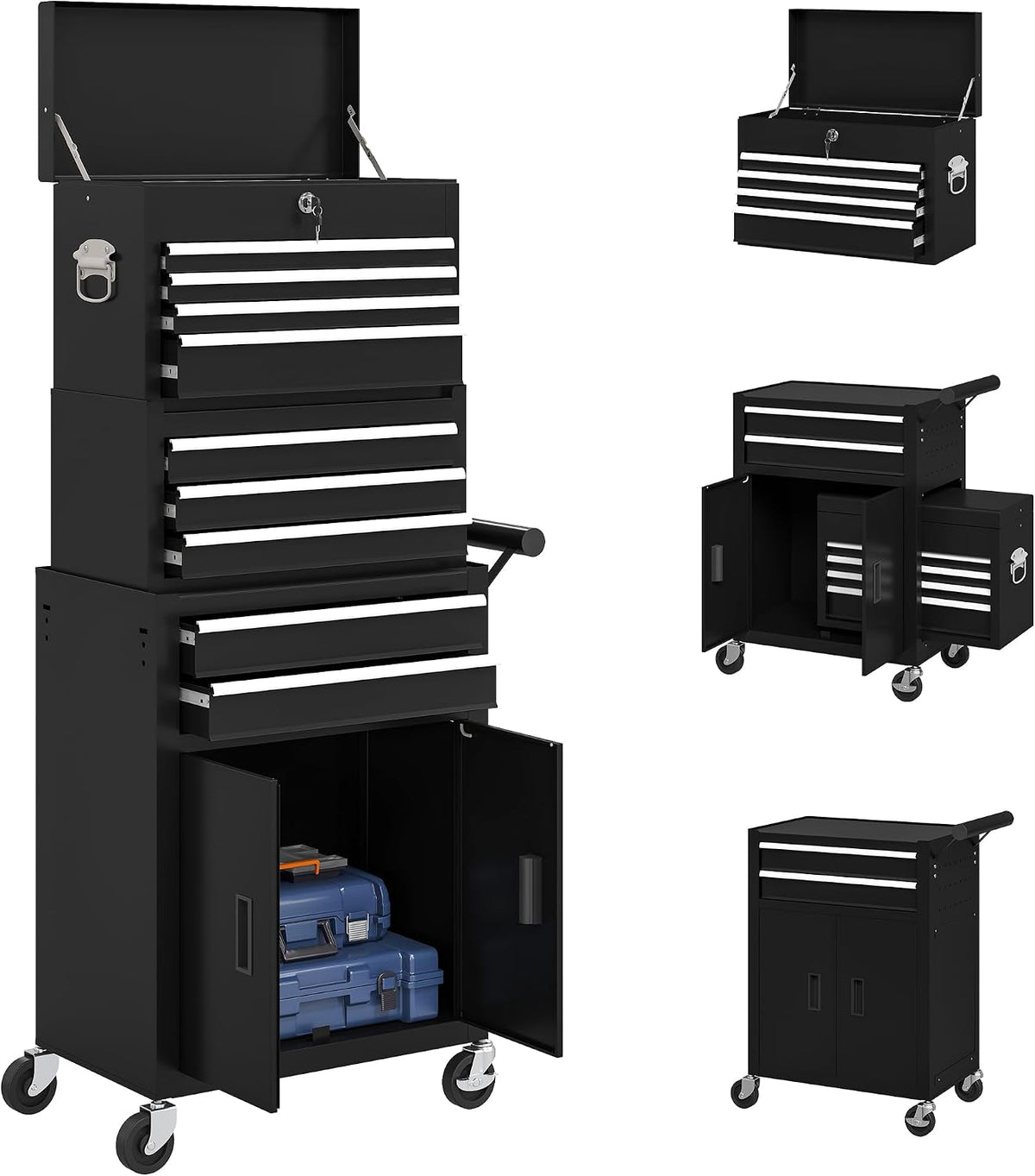 armoire HOMCOM, Noir, Servante d'atelier avec mallette à 9 compartiments, servante à outils vide verrouillable avec poignée