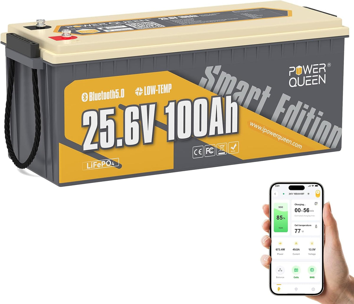 power queen batterie, 25,6 V, 100 Ah, Bleu, Bluetooth 5.0 Lithium, LiFePO4 avec BMS 100A, Cycles Profondes, Caravane