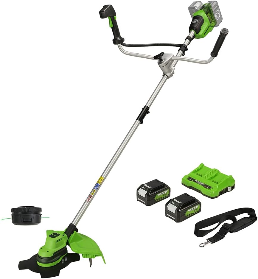 Greenworks débroussailleuse, 48 V, 24 V, 4 Ah, 38 cm, 25 cm, Blanc/Gris, ( x 2) Coupe-bordure & avec 2 Batteries et Chargeur