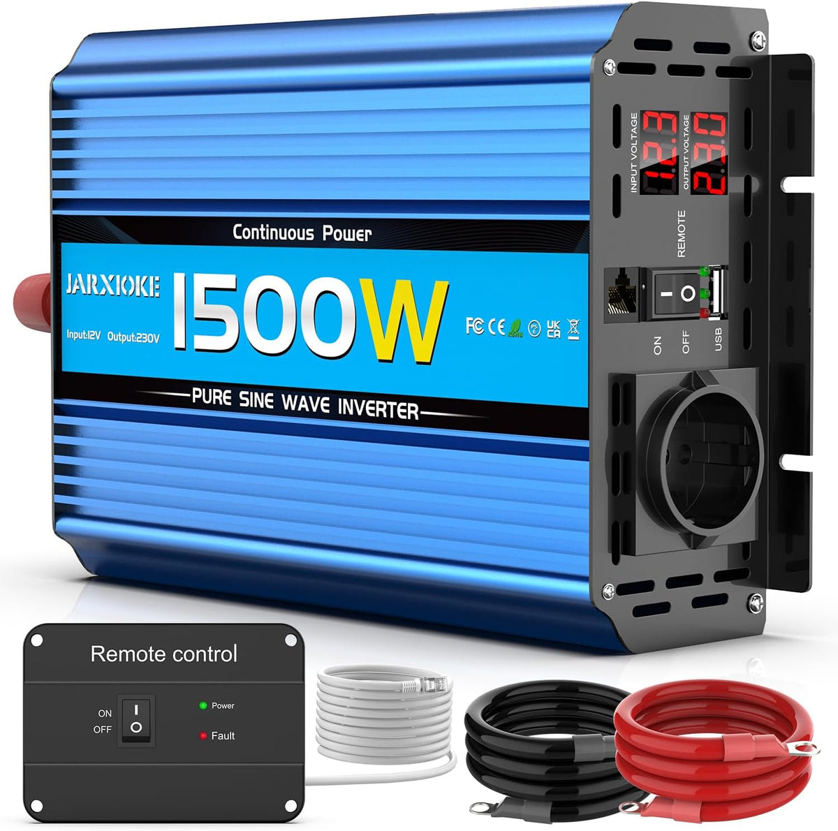 JARXIOKE convertisseur de tension, 12v, 220v, 1500 W, 3000 W, Bleu/Noir, Écran LED, Télécommande