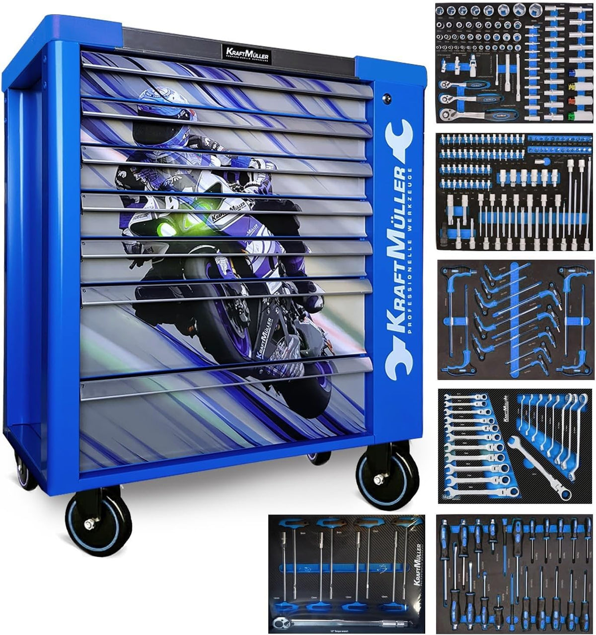 KraftMüller Caisses à outils, Bleu, Servante d'atelier Kraft Muller KM-7/6 Racing-Blue Flex Moto GP, 249 Outils Inclus - 7 tiroirs