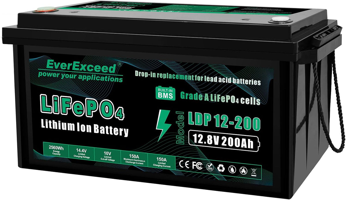 EverExceed batterie, 12 V, 200ah, 2560 Wh, Noir/Vert, Lithium avec BMS 150A intégré, Lifepo4 avec Protection Contre les Basses Températures