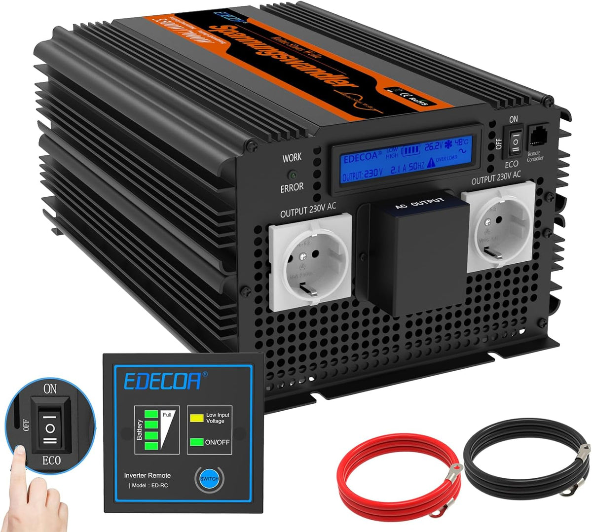 EDECOA onduleur, 24v, 220v, 3500w, 230v, Noir/Gris
