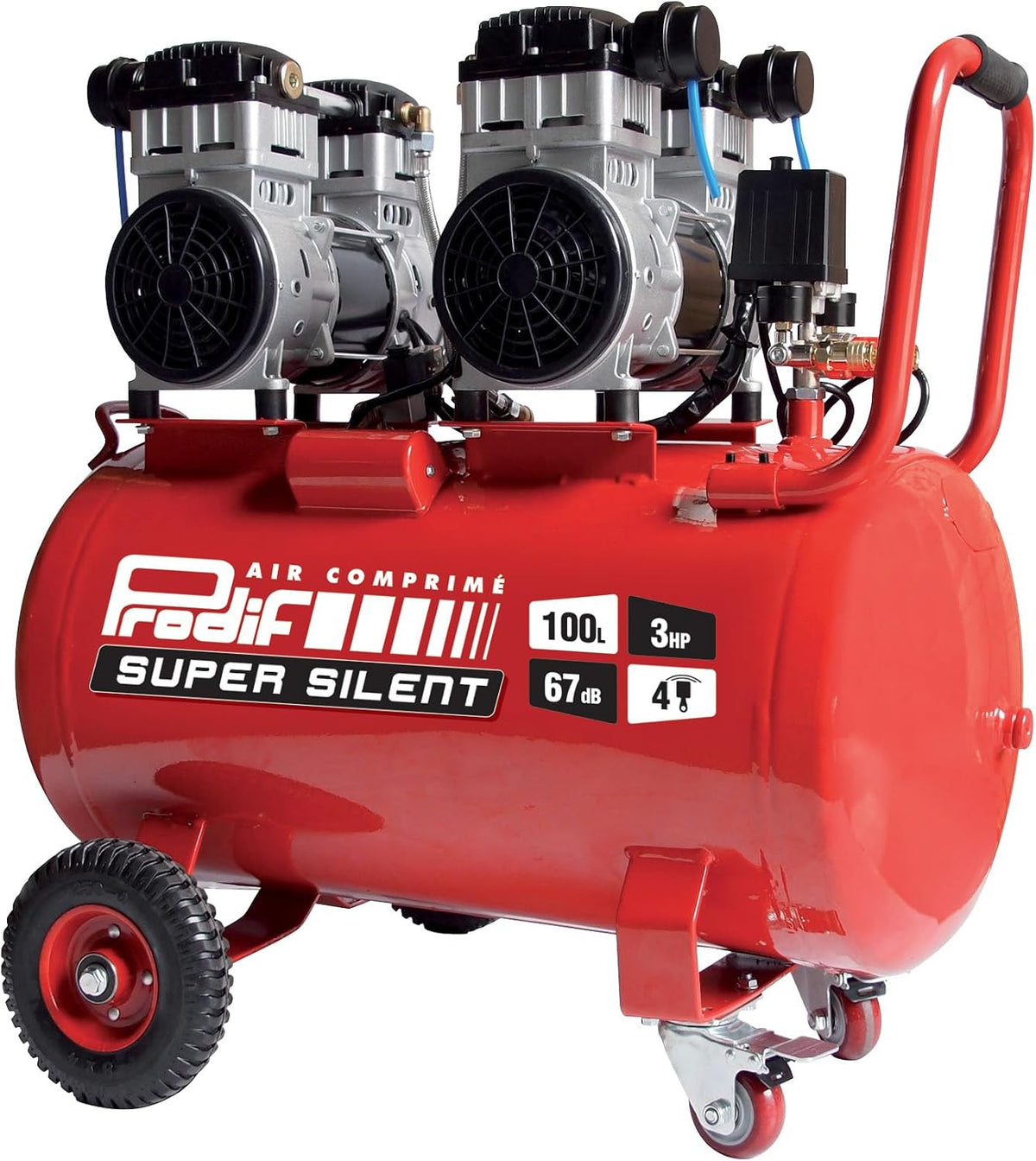 PRODIF Compresseurs d'air, 100l, 230v, 8 bar, Rouge/Gris, Compresseur d'atelier silencieux 3cv - SIL1003