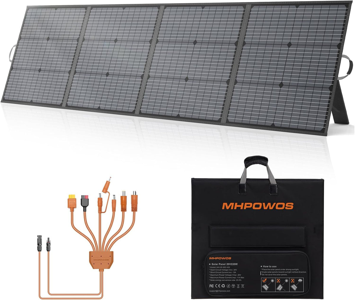 MHPOWOS panneau solaire, 220 W, 20 V, Gris/Noir, portable, léger et pliable de avec une béquille réglable, station d'alimentation portable