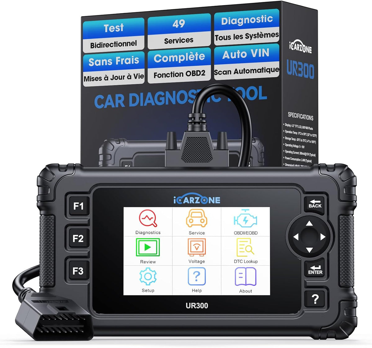 ICARZONE Outils diagnostics pour système de moteur OBD-II, Noir/Bleu, UR300 Valise Diagnostic Auto, 49 Fonctions de Service