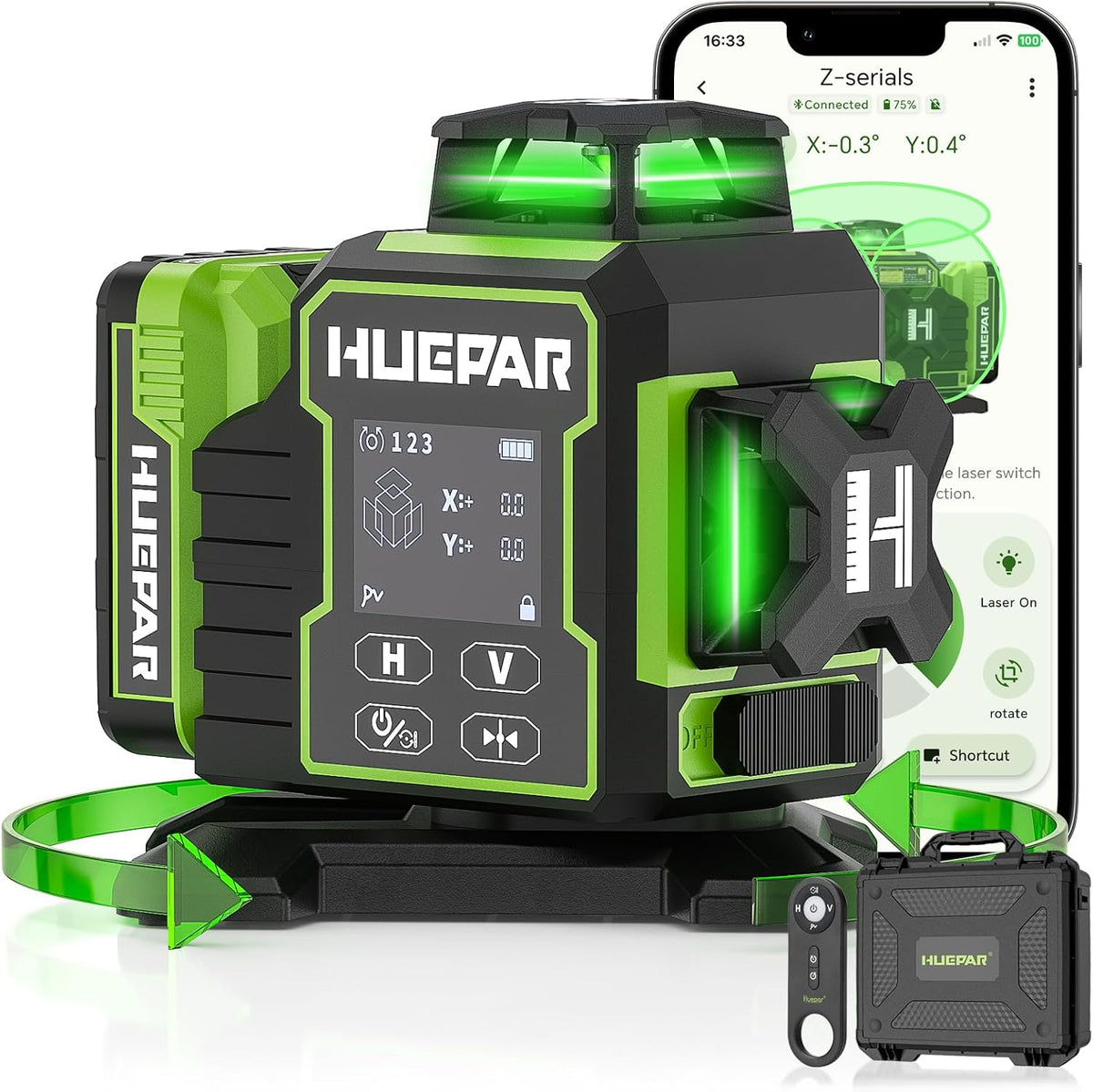 Huepar Traceurs de ligne laser, Vert/Noir, Niveau Laser Chantier Autonivelant 360°x3