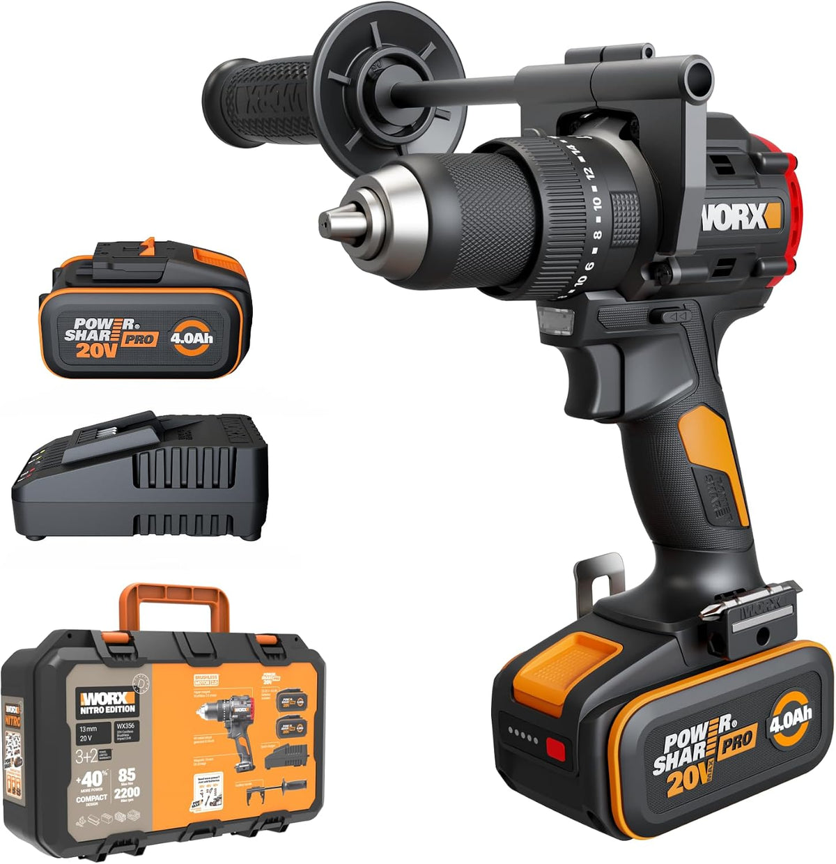 WORX Perceuses à percussion, 20 V MAX, 20 V, Noir/Gris, Perceuse à percussion Brushless 85 Nm WX356