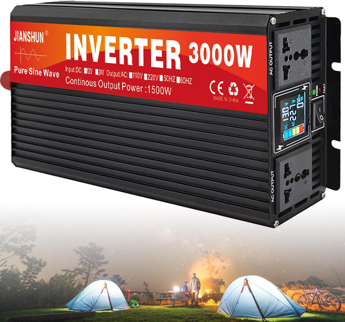 HENGCMM onduleur, 12 V, 24 V, 48 V, 60 V, 220 V, Noir/Rouge, 3000 W- to