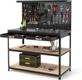 GYMAX Établis, 230 KG, Noir, Établi Garage Atelier avec Table de Travail, 24 Crochets pour Rangement d'Outils