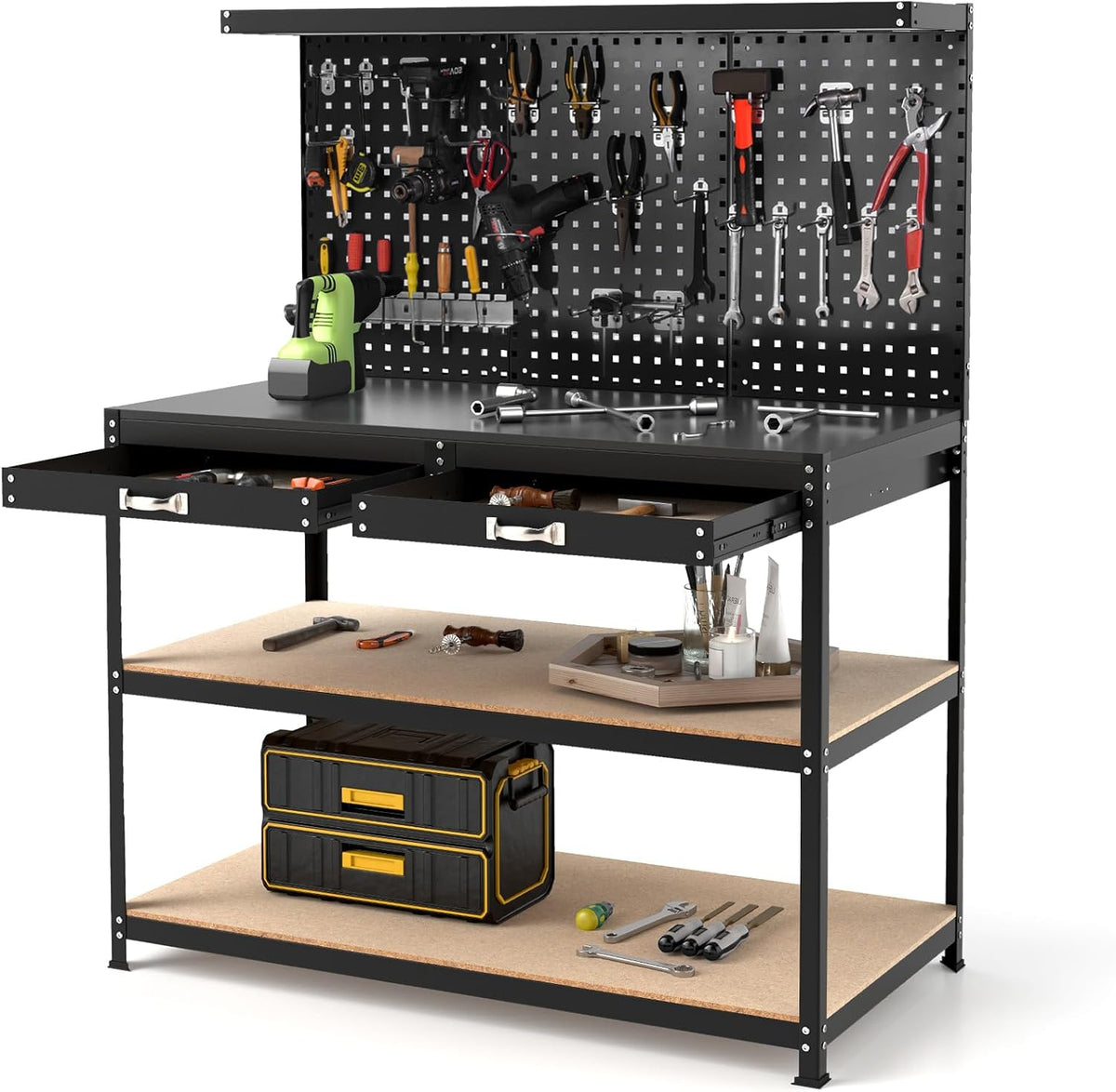 GYMAX Établis, 230 KG, Noir, Établi Garage Atelier avec Table de Travail, 24 Crochets pour Rangement d'Outils