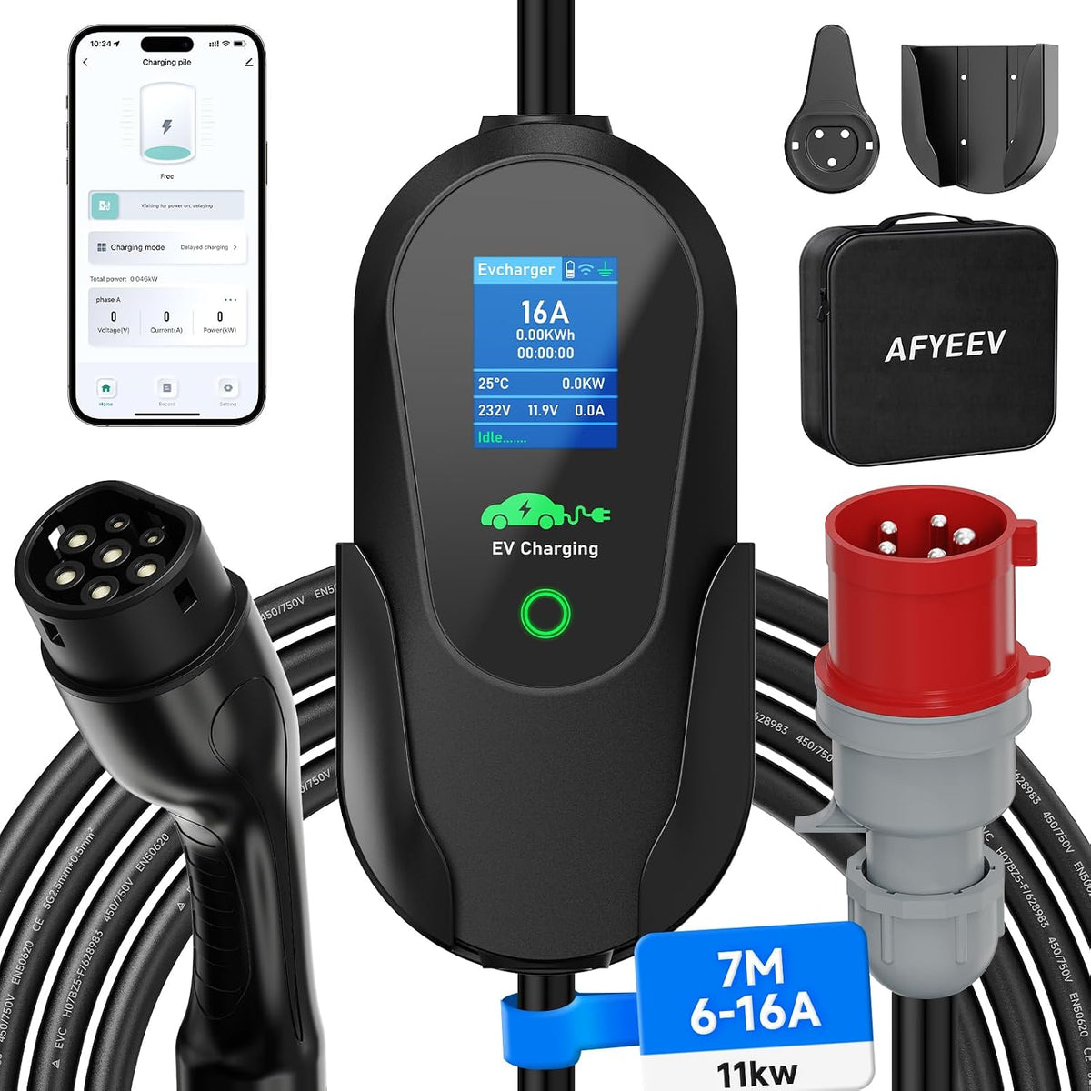 AFYEEV Stations de charge, 11 kW, 7M, Noir/Gris, Chargeur Voiture Electrique 16A, Triphasé Prise CEE