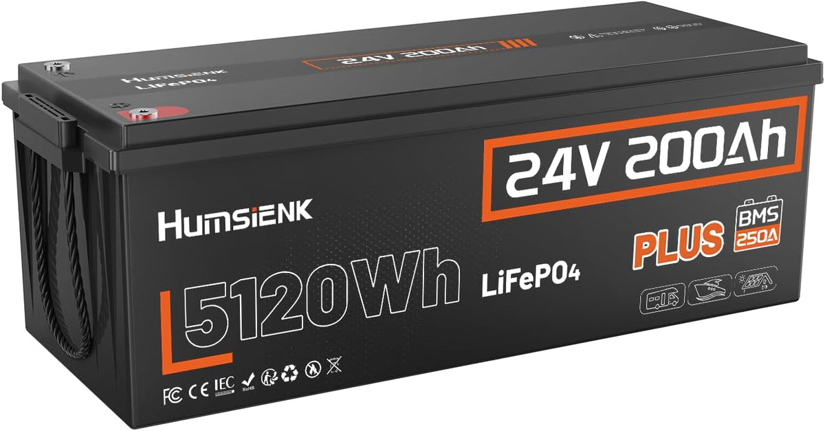 HumsiENK batterie, 24 V, 200 Ah, Noir/Gris, Lithium à Décharge Lente pour Camping Car, Panneau Solaire, Bateaux Bass