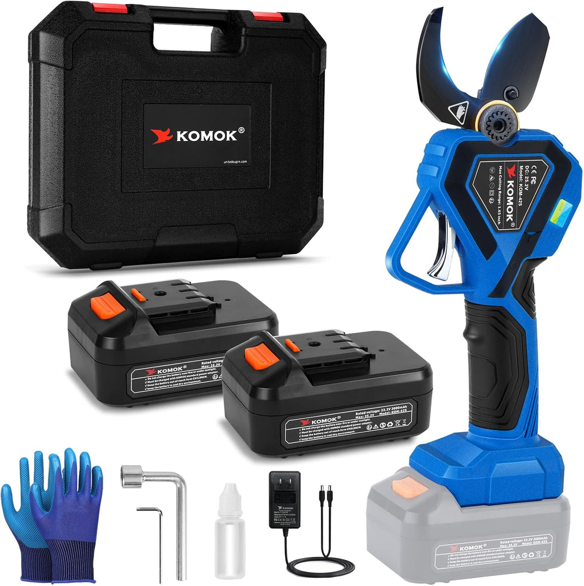 KOMOK Sécateurset ciseaux, 42 mm, 25.2 V, 1000 W, Bleu, Sécateur Électrique Sans Fil, 2 Batteries Rechargeables