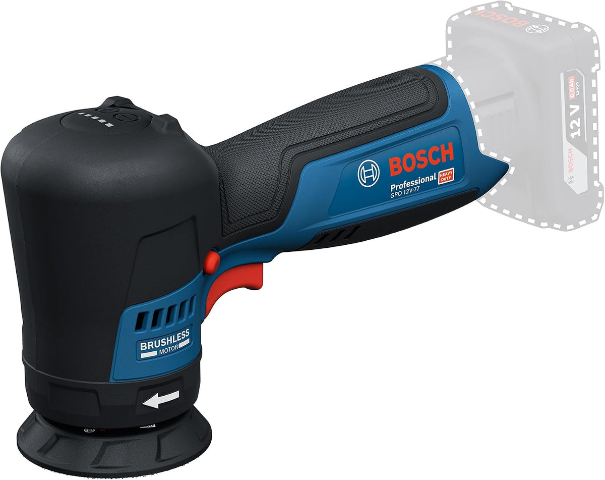 Bosch Professional polisseuse, 12 V, 77 mm, Noir/Bleu, sans fil GPO -77 (avec crochet et boucle, tampon de coupe en mousse de polissage )