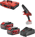 Stayer tronçonneuse, 100 mm, 150 mm, 4,0 Ah, Rouge/Noir, sans fil Mini Olmo, Coupe max, Lame + 2 batteries + chargeur rapide + malette de transport