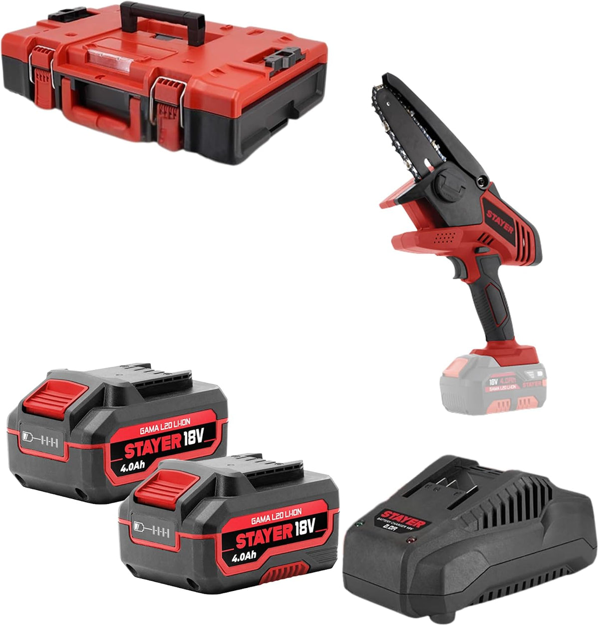 Stayer tronçonneuse, 100 mm, 150 mm, 4,0 Ah, Rouge/Noir, sans fil Mini Olmo, Coupe max, Lame + 2 batteries + chargeur rapide + malette de transport