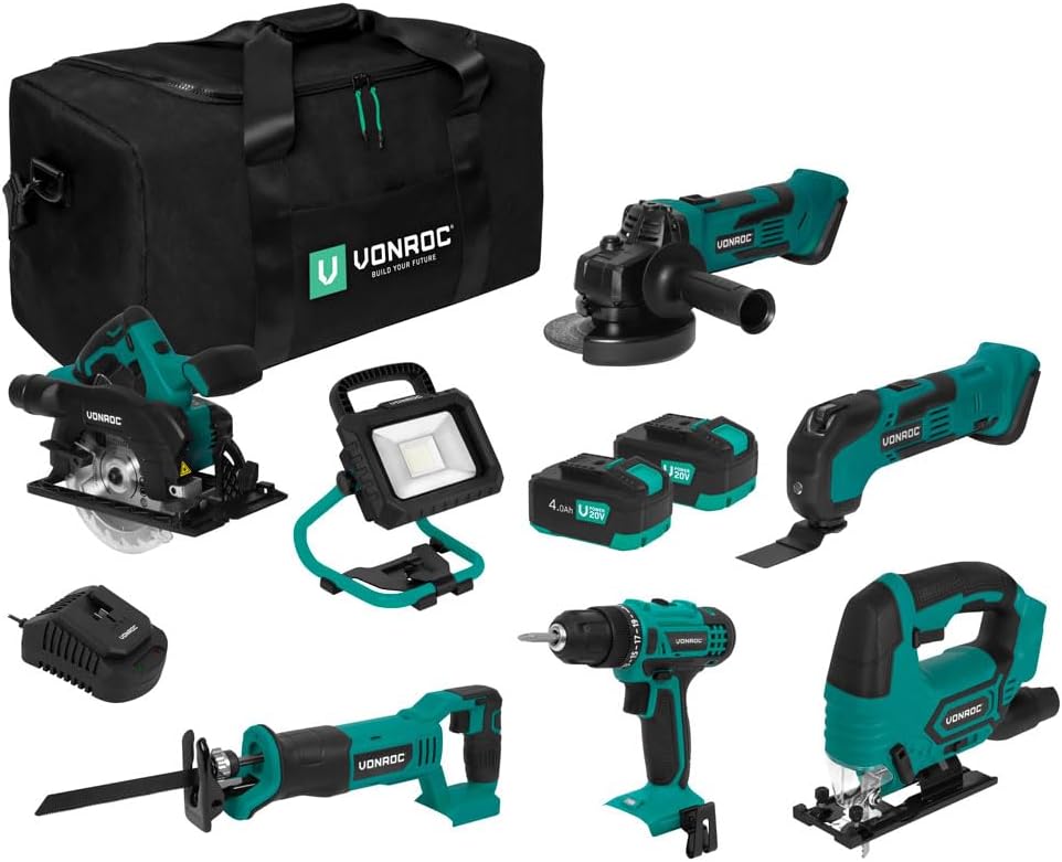 VONROC scie circulaire, 10 V, 4.0AH, Noir/Bleu, Pack Outils Sans Fil VPOWER - Perceuse à Percussion, Scie Sauteuse