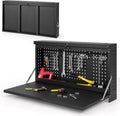 GYMAX Râteliers muraux, 110x52x61 CM, 50 kg, Noir, Rangement d'Outils & Établi Murale Pliante 2-en-1 avec Tablette Spacieuse