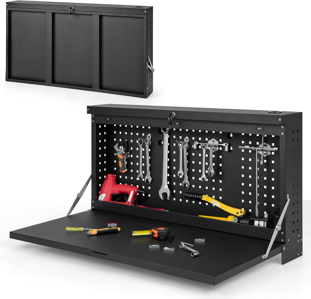 GYMAX Râteliers muraux, 110x52x61 CM, 50 kg, Noir, Rangement d'Outils & Établi Murale Pliante 2-en-1 avec Tablette Spacieuse