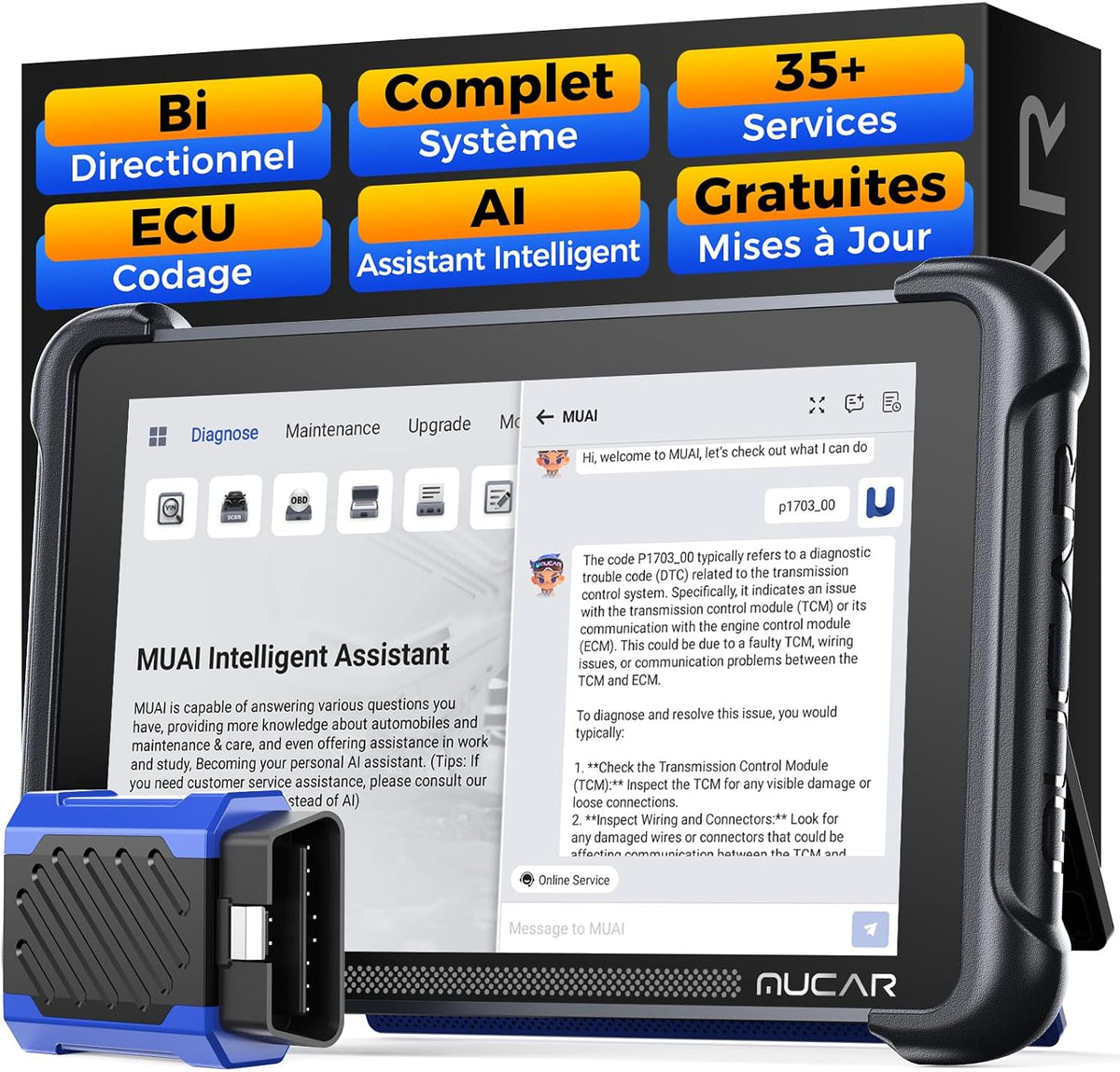 mucar Outils diagnostics pour système de moteur OBD-II, Blanc/Noir, 892BT Valise Diagnostic Auto, Diagnostic Intelligent par IA