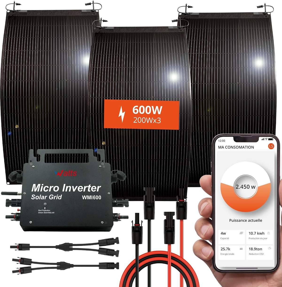 W Panneaux solaires monocristallins, 600 W, Noir/Gris, Camping-Car, Autonome